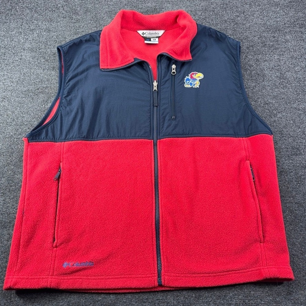 Columbia Mens Kansas Jayhawks Fleece Vest XL Red Navy Blue Full Zip NCAA KU